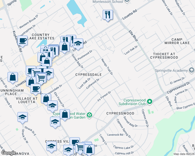 map of restaurants, bars, coffee shops, grocery stores, and more near 3914 Coltwood Drive in Spring