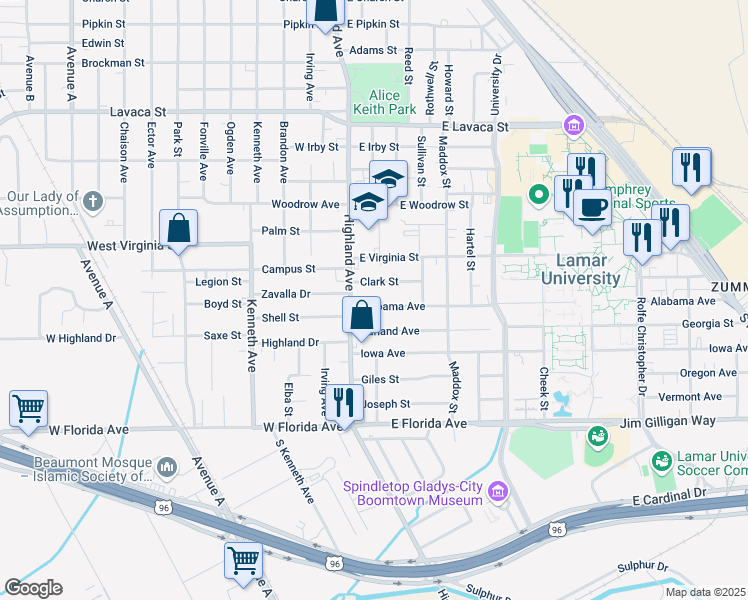 map of restaurants, bars, coffee shops, grocery stores, and more near 195 Alabama Avenue in Beaumont