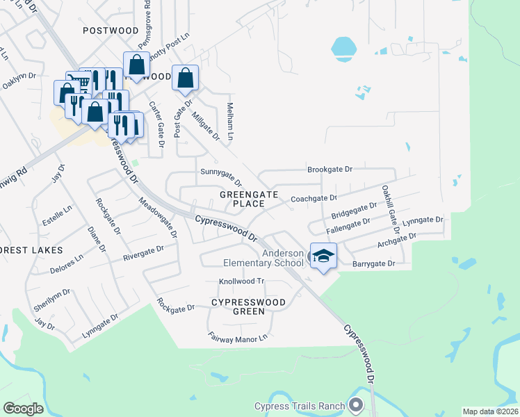 map of restaurants, bars, coffee shops, grocery stores, and more near 6031 Coachgate Drive in Spring