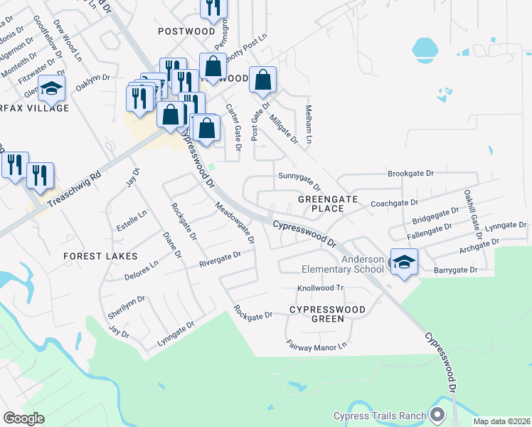 map of restaurants, bars, coffee shops, grocery stores, and more near 5734 Yorkgate Drive in Spring