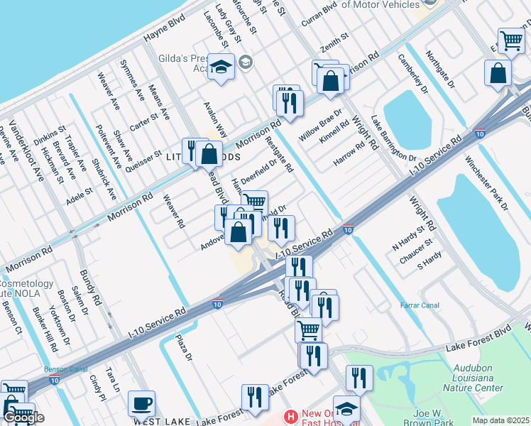 map of restaurants, bars, coffee shops, grocery stores, and more near 10151 Plainfield Drive in New Orleans