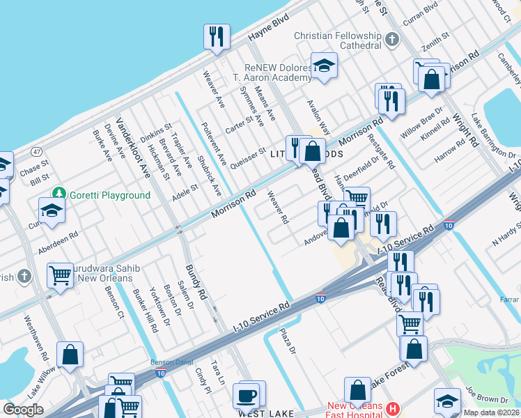 map of restaurants, bars, coffee shops, grocery stores, and more near 9756 West Rockton Circle in New Orleans
