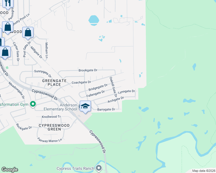 map of restaurants, bars, coffee shops, grocery stores, and more near 6530 Bridgegate Drive in Spring