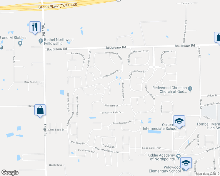 map of restaurants, bars, coffee shops, grocery stores, and more near 18731 Gulf Shadow Drive in Cypress