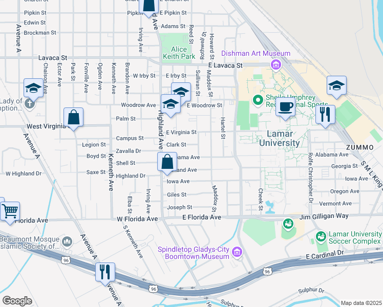 map of restaurants, bars, coffee shops, grocery stores, and more near 345 Alabama Avenue in Beaumont