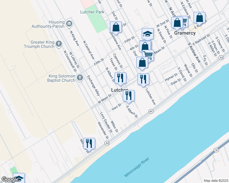 map of restaurants, bars, coffee shops, grocery stores, and more near in Lutcher