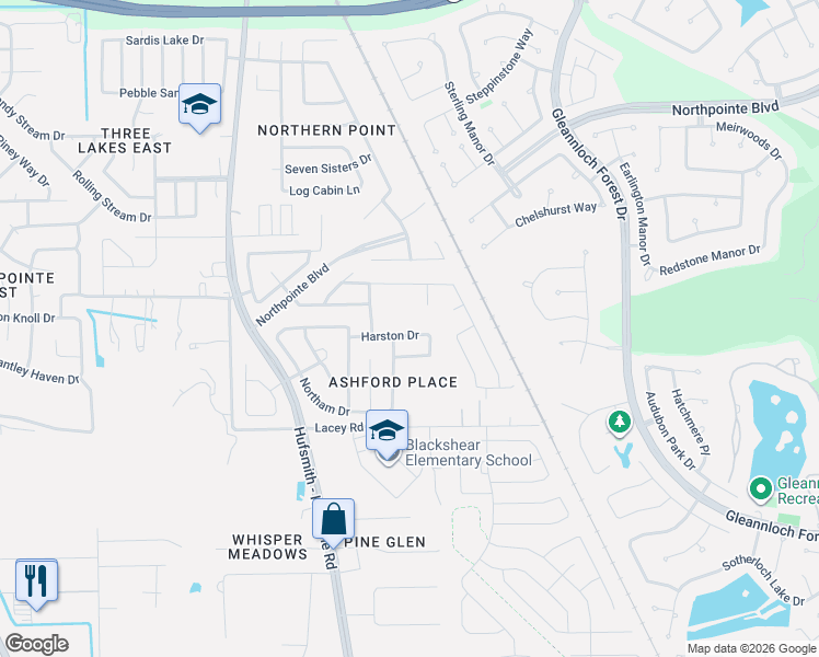 map of restaurants, bars, coffee shops, grocery stores, and more near 10838 Harston Drive in Tomball