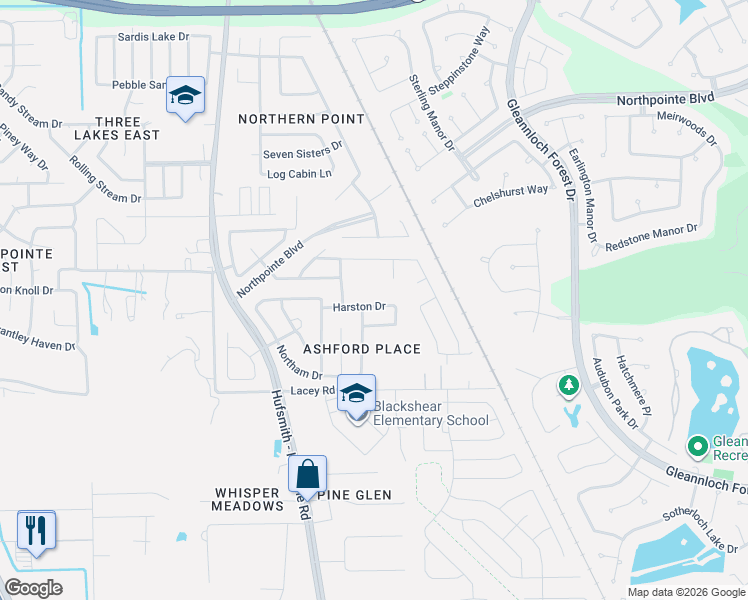 map of restaurants, bars, coffee shops, grocery stores, and more near 10838 Harston Drive in Tomball