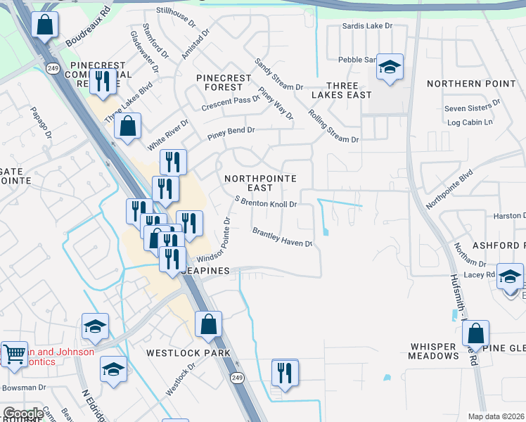 map of restaurants, bars, coffee shops, grocery stores, and more near 19122 Poplar Trails Lane in Tomball
