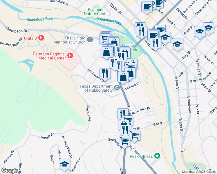 map of restaurants, bars, coffee shops, grocery stores, and more near 717 Hill Country Drive in Kerrville