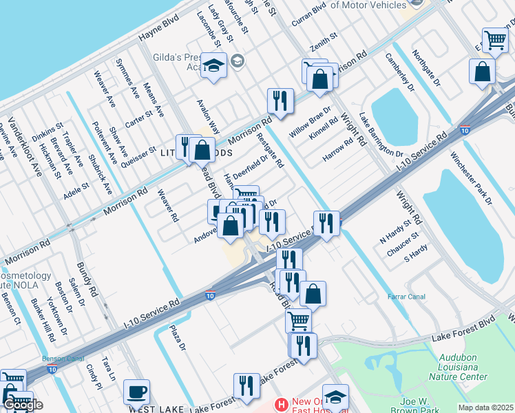 map of restaurants, bars, coffee shops, grocery stores, and more near 10151 Plainfield Drive in New Orleans
