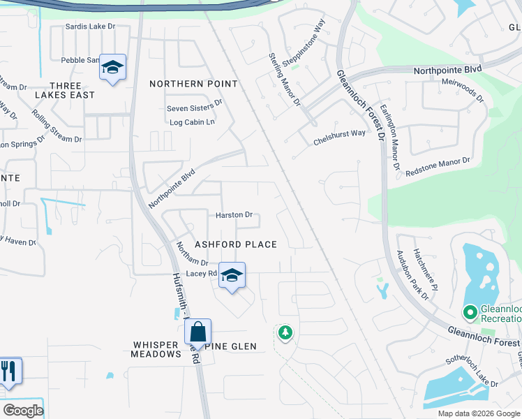 map of restaurants, bars, coffee shops, grocery stores, and more near 10802 Harston Drive in Tomball