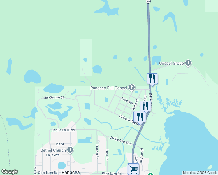map of restaurants, bars, coffee shops, grocery stores, and more near 118 Joe Mack Smith Street in Panacea