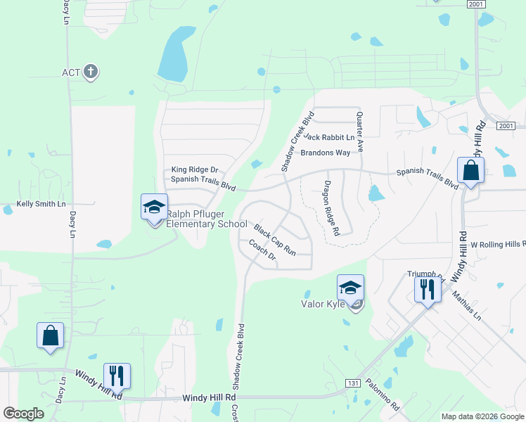 map of restaurants, bars, coffee shops, grocery stores, and more near 154 Desert Springs Cove in Buda