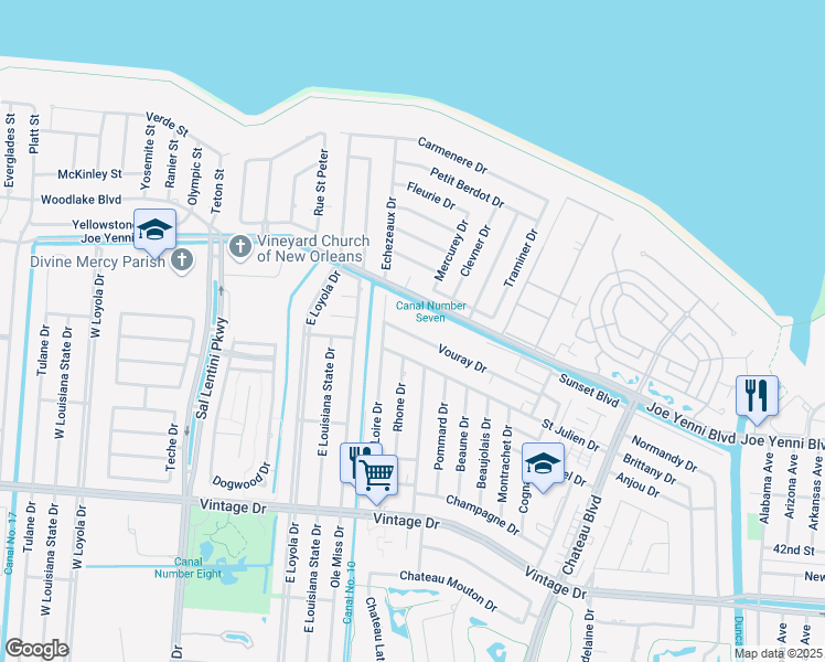map of restaurants, bars, coffee shops, grocery stores, and more near 620 Vouray Drive in Kenner
