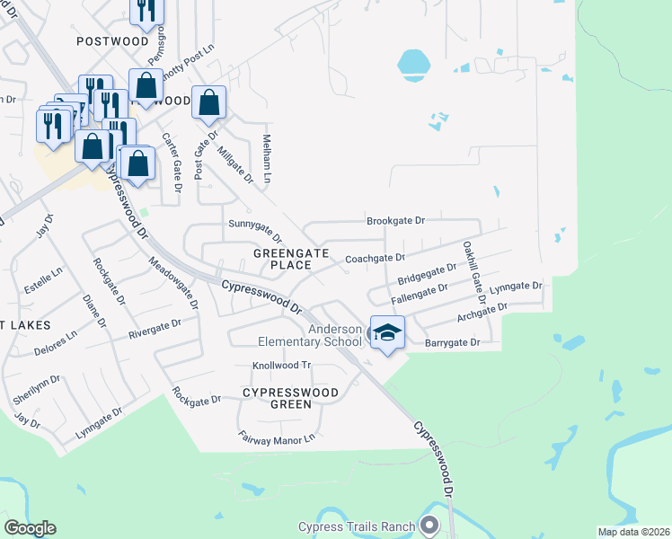 map of restaurants, bars, coffee shops, grocery stores, and more near 22419 Millgate Drive in Spring
