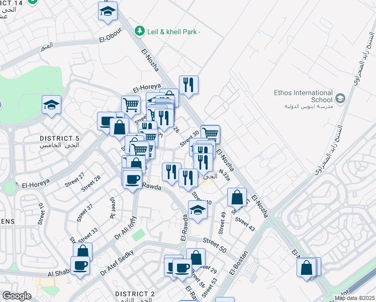 map of restaurants, bars, coffee shops, grocery stores, and more near in أول الشيخ زايد
