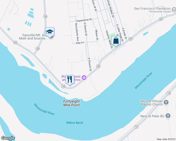 map of restaurants, bars, coffee shops, grocery stores, and more near 109 South Church Street in Garyville