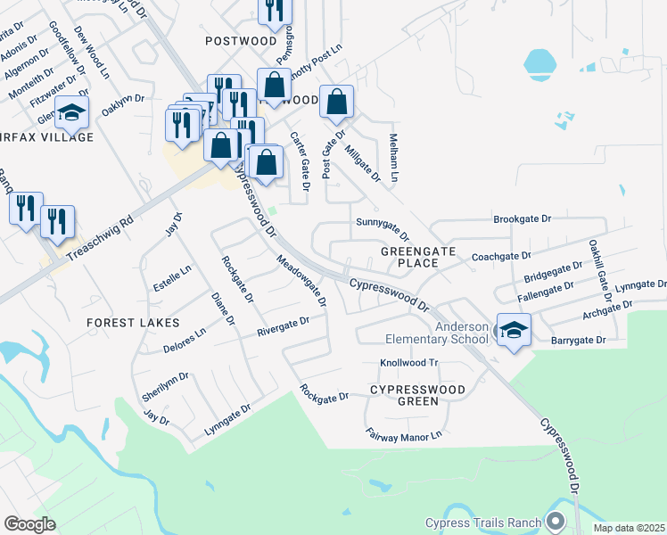map of restaurants, bars, coffee shops, grocery stores, and more near 5726 Yorkgate Drive in Spring