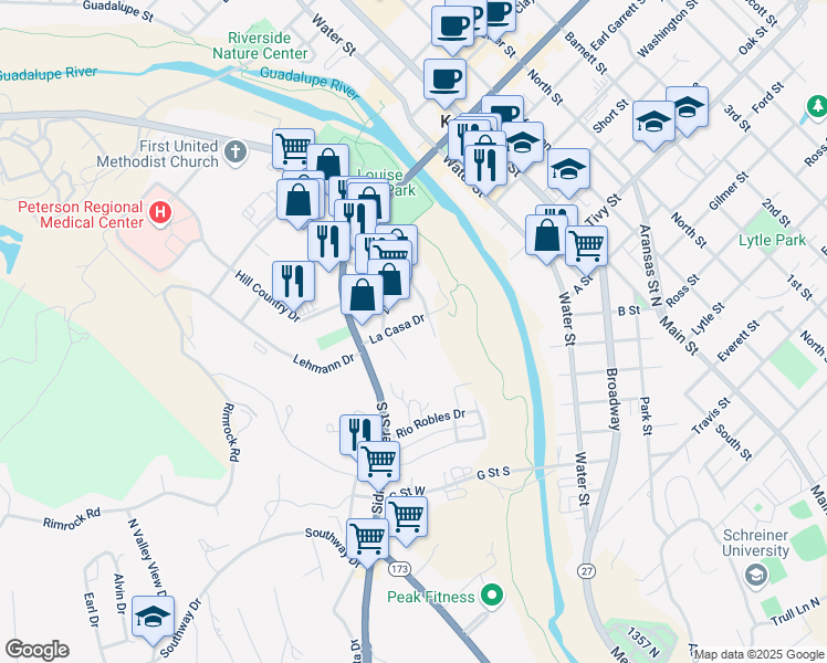 map of restaurants, bars, coffee shops, grocery stores, and more near 301 Sidney Baker Street South in Kerrville