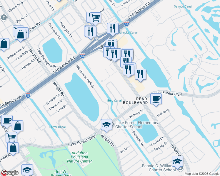 map of restaurants, bars, coffee shops, grocery stores, and more near 5837 Louis Prima Drive West in New Orleans