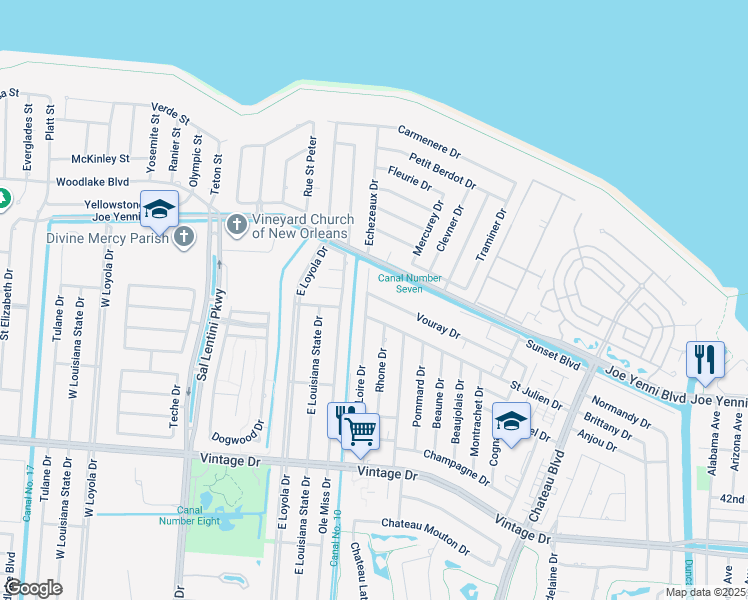 map of restaurants, bars, coffee shops, grocery stores, and more near 4317c Loire Drive in Kenner