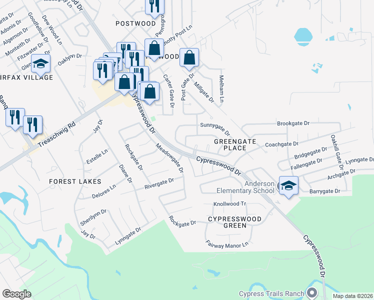 map of restaurants, bars, coffee shops, grocery stores, and more near 5734 Yorkgate Drive in Spring