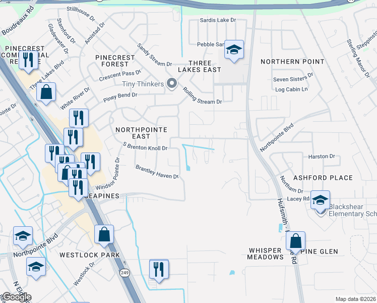 map of restaurants, bars, coffee shops, grocery stores, and more near 19126 Avalon Springs Drive in Tomball