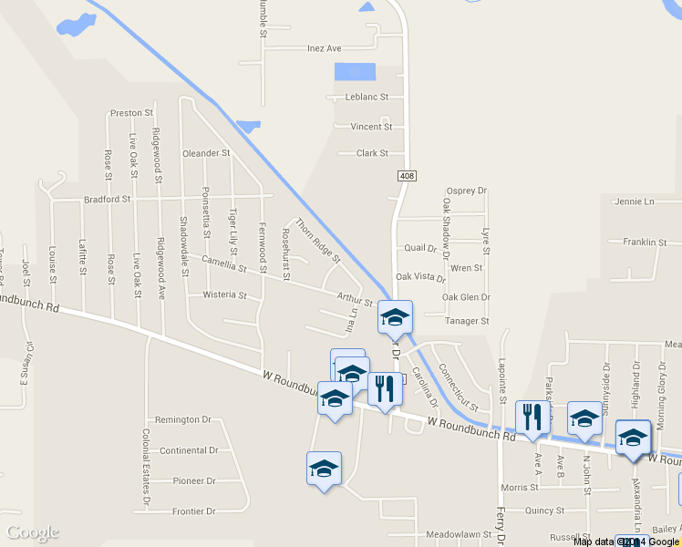map of restaurants, bars, coffee shops, grocery stores, and more near 1389 Elsie St in Bridge City