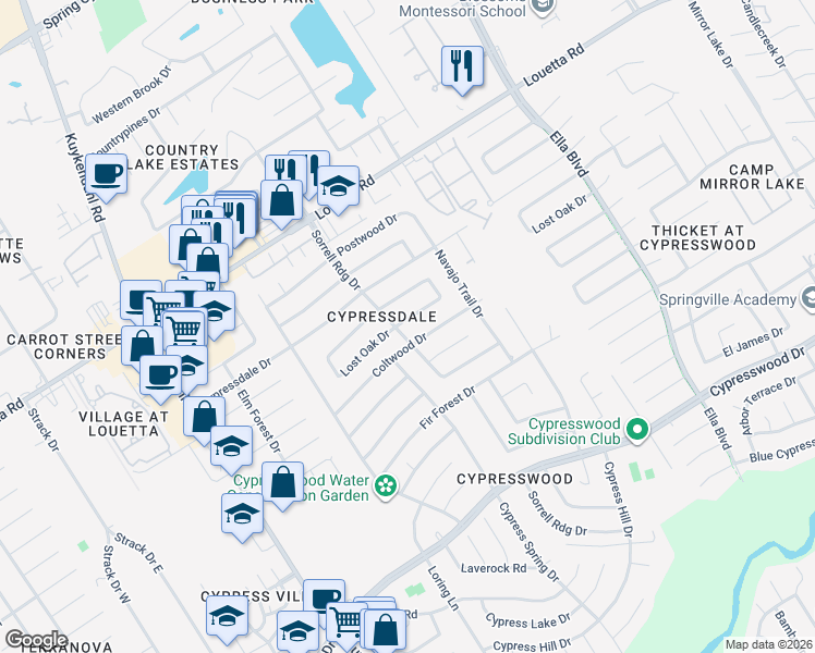 map of restaurants, bars, coffee shops, grocery stores, and more near 3915 Lost Oak Drive in Spring
