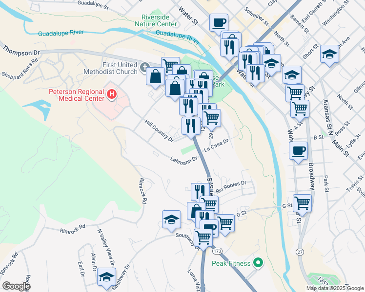 map of restaurants, bars, coffee shops, grocery stores, and more near 309 Sidney Baker St S in Kerrville