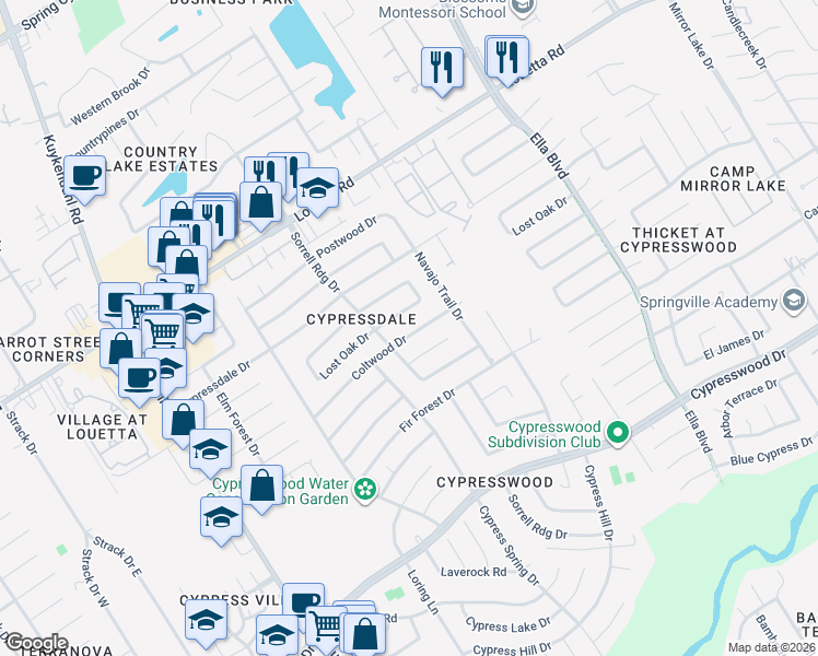 map of restaurants, bars, coffee shops, grocery stores, and more near 3819 Coltwood Drive in Spring