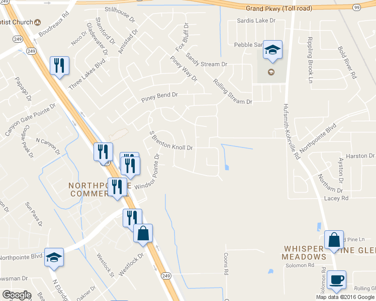 map of restaurants, bars, coffee shops, grocery stores, and more near 19122 Poplar Trails Lane in Tomball