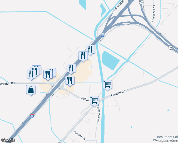 map of restaurants, bars, coffee shops, grocery stores, and more near 5380 Clearwater Court in Beaumont