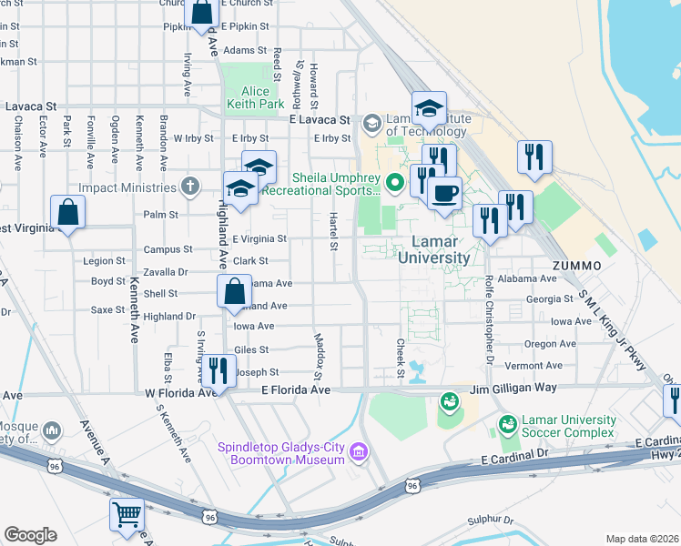 map of restaurants, bars, coffee shops, grocery stores, and more near 4693 Hartel Street in Beaumont