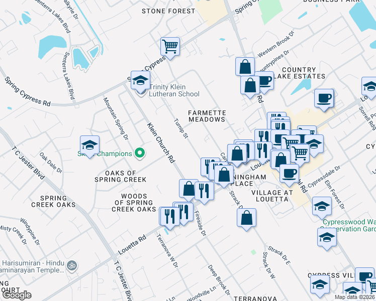 map of restaurants, bars, coffee shops, grocery stores, and more near 18703 Turnip Street in Spring