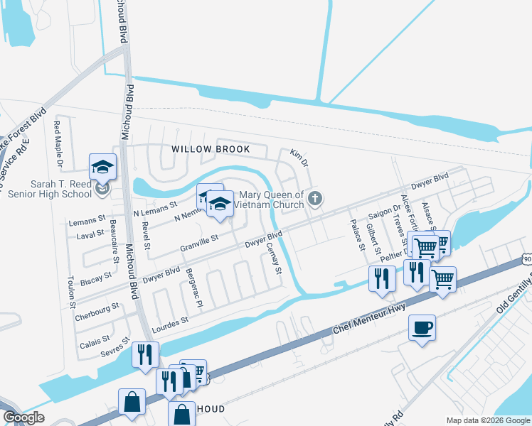 map of restaurants, bars, coffee shops, grocery stores, and more near 5043 East Lemans Street in New Orleans