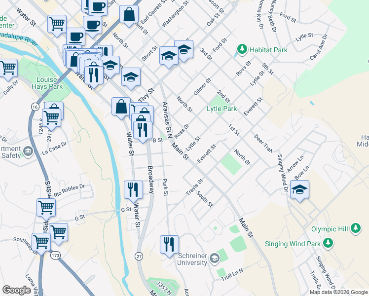 map of restaurants, bars, coffee shops, grocery stores, and more near 304 Lytle Street in Kerrville