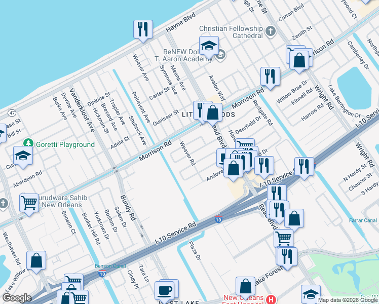 map of restaurants, bars, coffee shops, grocery stores, and more near 9961 East Rockton Circle in New Orleans