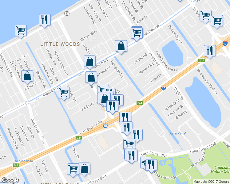 map of restaurants, bars, coffee shops, grocery stores, and more near 10151 Plainfield Drive in New Orleans