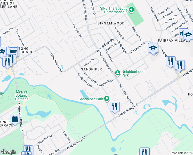 map of restaurants, bars, coffee shops, grocery stores, and more near 4006 Fitzwater Drive in Spring
