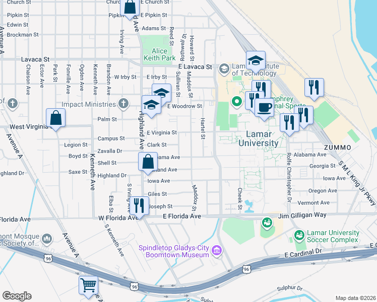 map of restaurants, bars, coffee shops, grocery stores, and more near 4670 Maddox Street in Beaumont