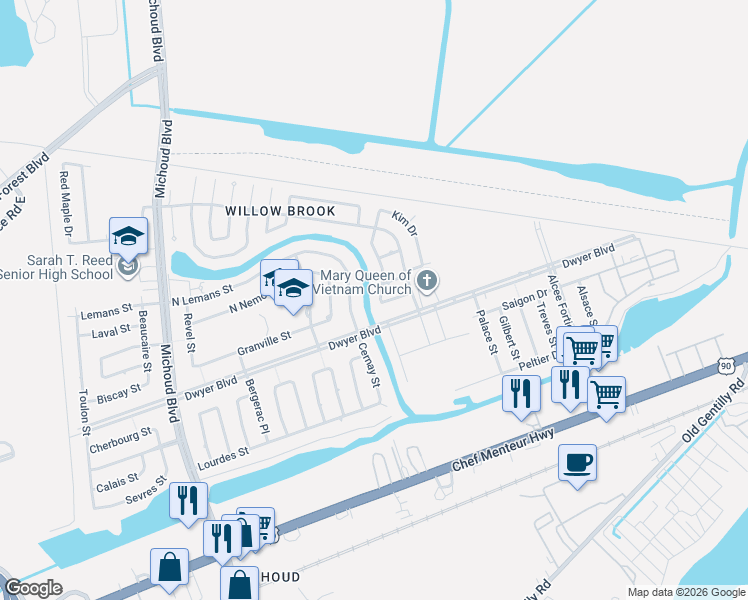 map of restaurants, bars, coffee shops, grocery stores, and more near 5043 East Lemans Street in New Orleans