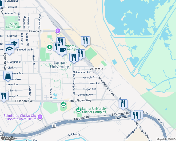map of restaurants, bars, coffee shops, grocery stores, and more near 1095 Alabama Avenue in Beaumont
