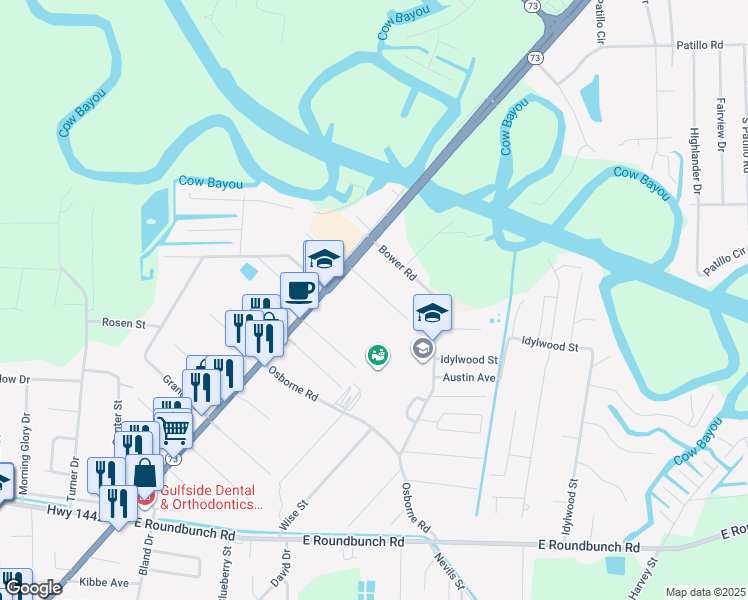 map of restaurants, bars, coffee shops, grocery stores, and more near 162 Champagne Drive in Bridge City