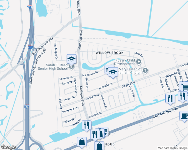 map of restaurants, bars, coffee shops, grocery stores, and more near 13450 North Lemans Street in New Orleans