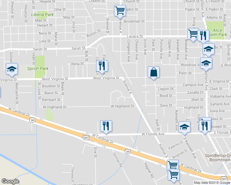 map of restaurants, bars, coffee shops, grocery stores, and more near 1595 Auburn Drive in Beaumont