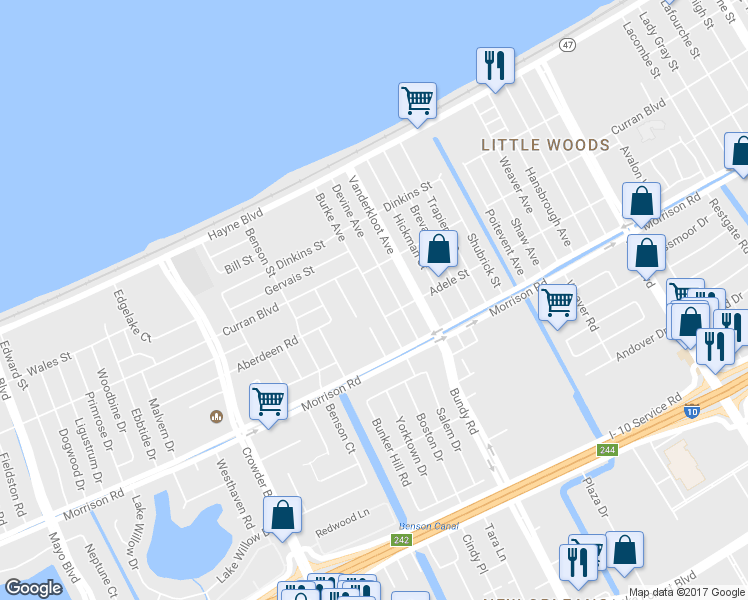 map of restaurants, bars, coffee shops, grocery stores, and more near 7530 Burke Avenue in New Orleans