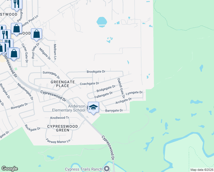 map of restaurants, bars, coffee shops, grocery stores, and more near 6507 Bridgegate Drive in Spring