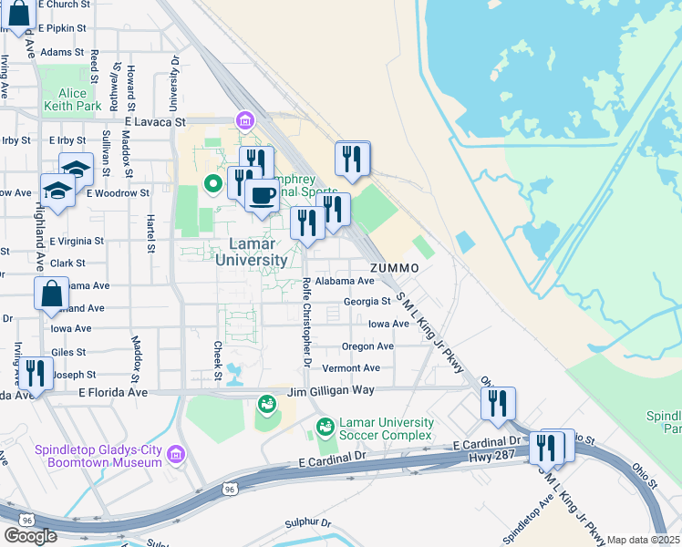 map of restaurants, bars, coffee shops, grocery stores, and more near 1095 Alabama Avenue in Beaumont